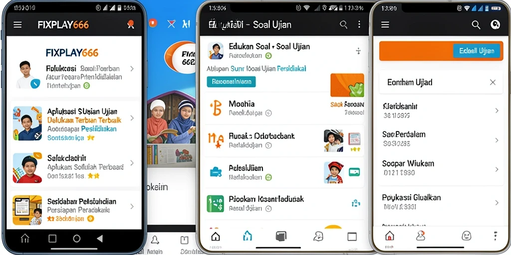 Antarmuka aplikasi FIXPLAY666 menampilkan berbagai soal ujian dengan desain yang menarik.